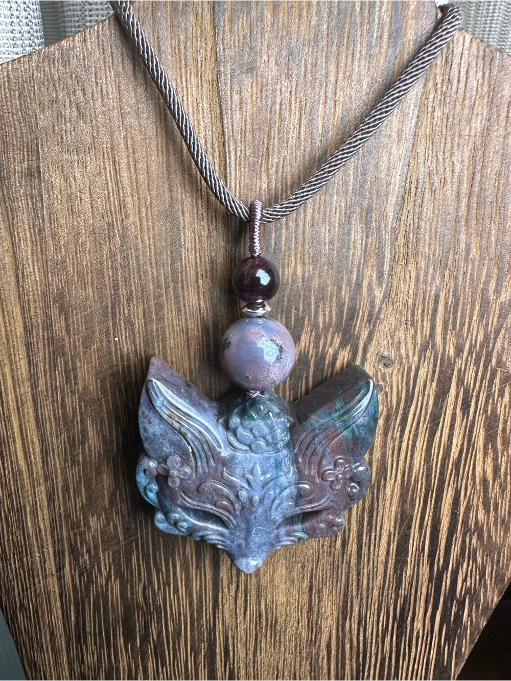 Blue & Purple Ocean Jasper Fox Mask Pendant Necklace on Brown Rope with Garnet - Picture 4 of 13